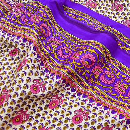 Indian Vintage Sari Ivory & Purple Printed Pure Silk Sarees 5yd Sewing Craft Fabric DressMaking Soft Wrap Upcycle Quilting Crafting Used