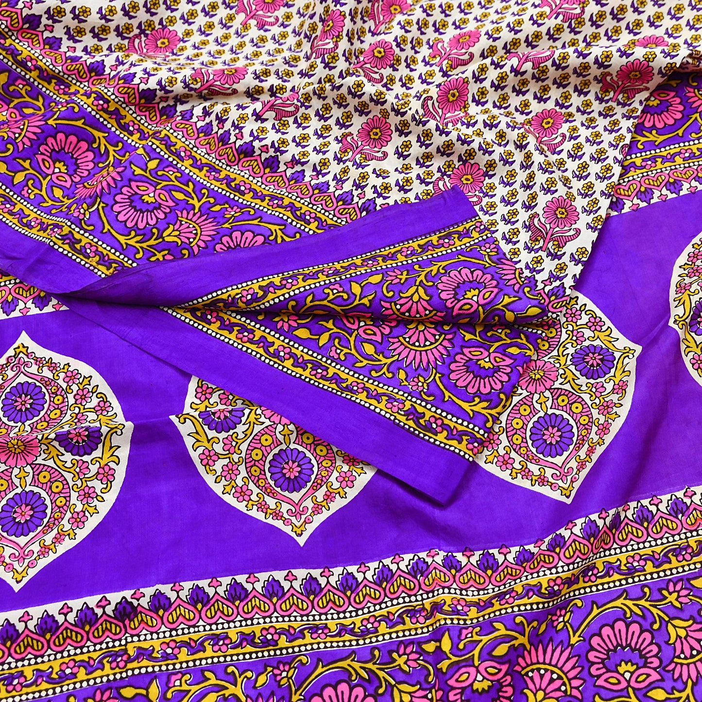 Indian Vintage Sari Ivory & Purple Printed Pure Silk Sarees 5yd Sewing Craft Fabric DressMaking Soft Wrap Upcycle Quilting Crafting Used