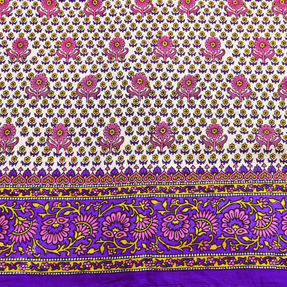 Indian Vintage Sari Ivory & Purple Printed Pure Silk Sarees 5yd Sewing Craft Fabric DressMaking Soft Wrap Upcycle Quilting Crafting Used