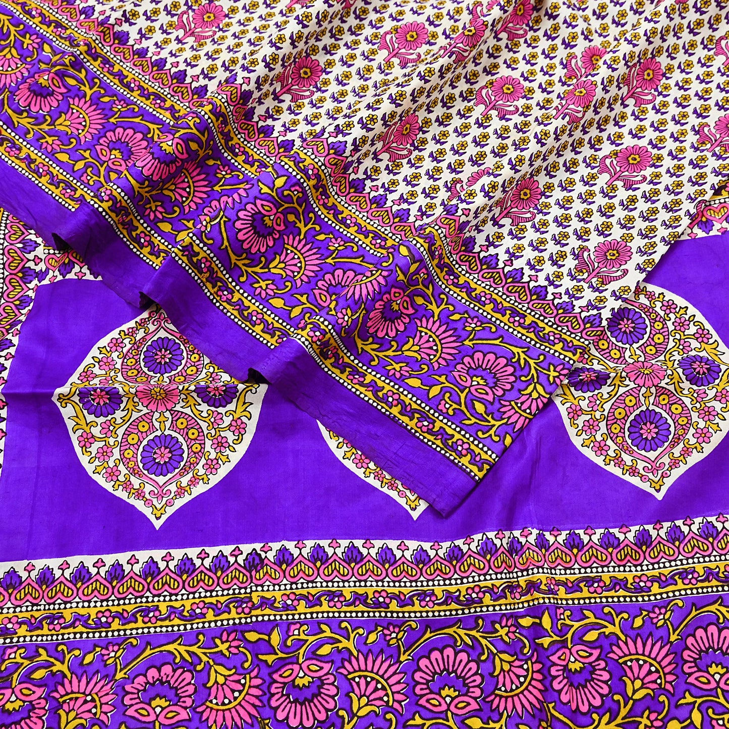 Indian Vintage Sari Ivory & Purple Printed Pure Silk Sarees 5yd Sewing Craft Fabric DressMaking Soft Wrap Upcycle Quilting Crafting Used