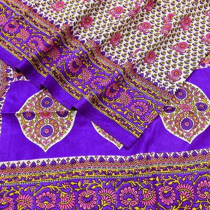 Indian Vintage Sari Ivory & Purple Printed Pure Silk Sarees 5yd Sewing Craft Fabric DressMaking Soft Wrap Upcycle Quilting Crafting Used