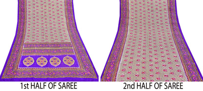 Indian Vintage Sari Ivory & Purple Printed Pure Silk Sarees 5yd Sewing Craft Fabric DressMaking Soft Wrap Upcycle Quilting Crafting Used