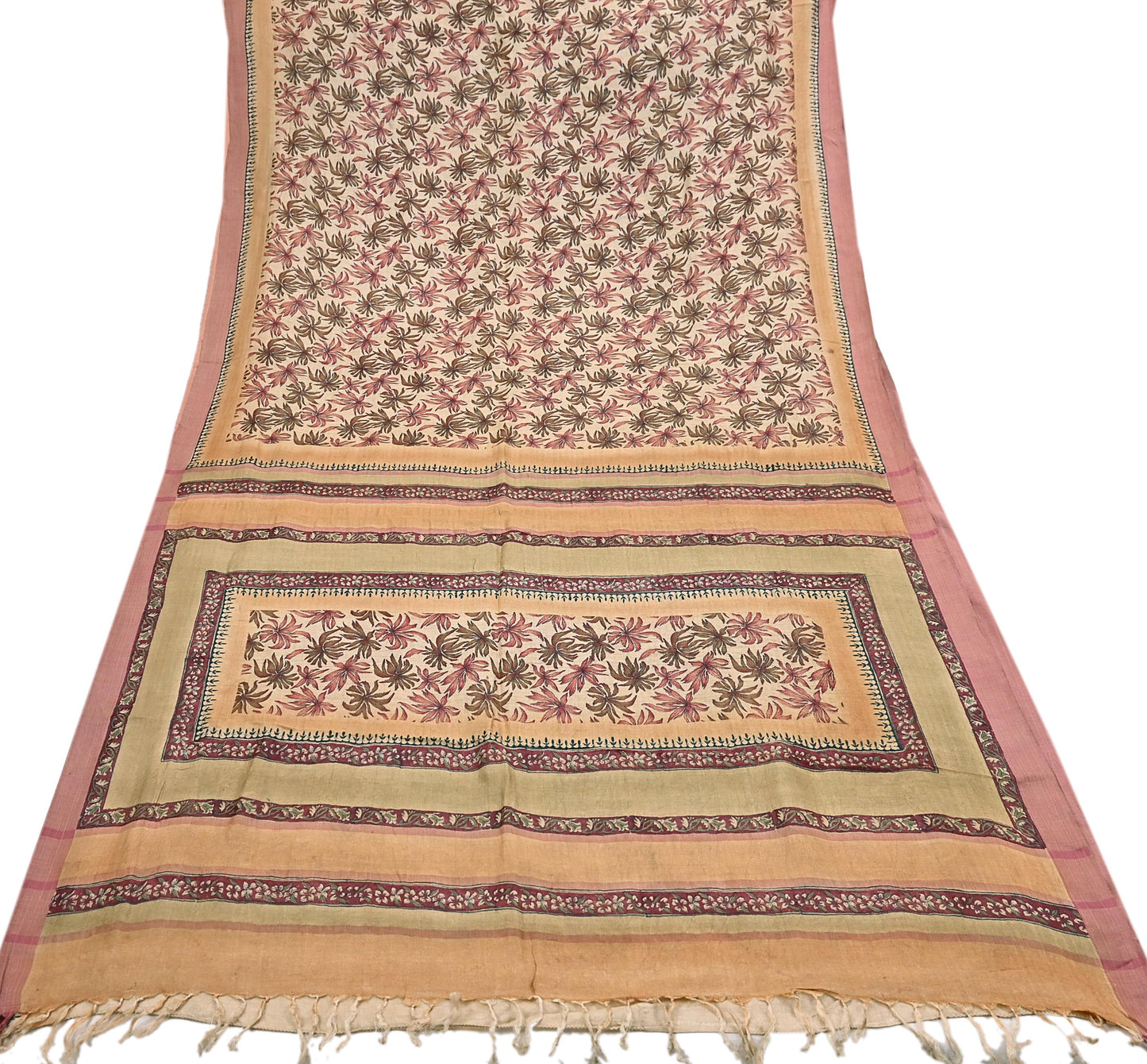 Indian Vintage Sari Beige Pure Woolen Woven Printed Sarees Soft Warm Craft Fabric 6Yd Floral Dress making Crafting Quilting