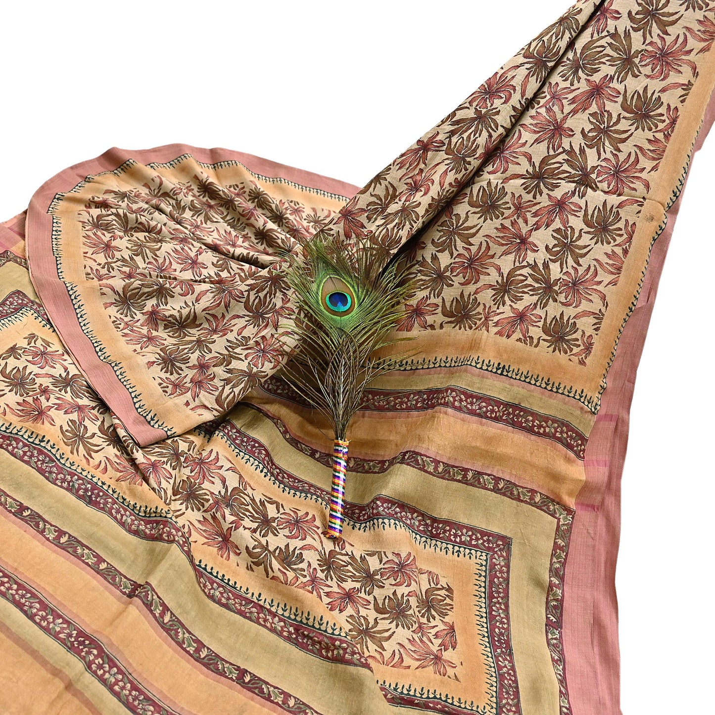 Indian Vintage Sari Beige Pure Woolen Woven Printed Sarees Soft Warm Craft Fabric 6Yd Floral Dress making Crafting Quilting