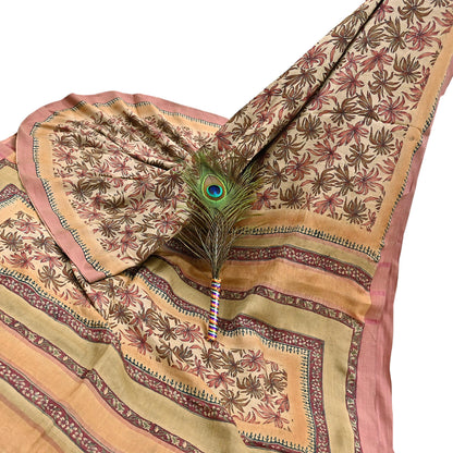 Indian Vintage Sari Beige Pure Woolen Woven Printed Sarees Soft Warm Craft Fabric 6Yd Floral Dress making Crafting Quilting