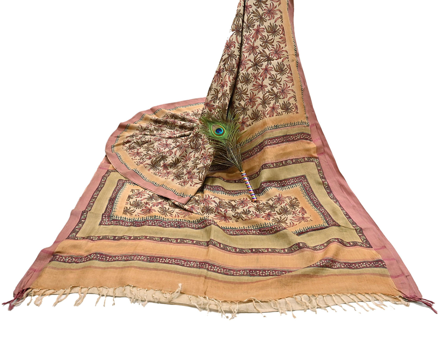 Indian Vintage Sari Beige Pure Woolen Woven Printed Sarees Soft Warm Craft Fabric 6Yd Floral Dress making Crafting Quilting