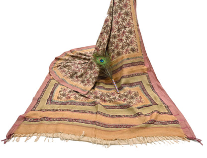 Indian Vintage Sari Beige Pure Woolen Woven Printed Sarees Soft Warm Craft Fabric 6Yd Floral Dress making Crafting Quilting