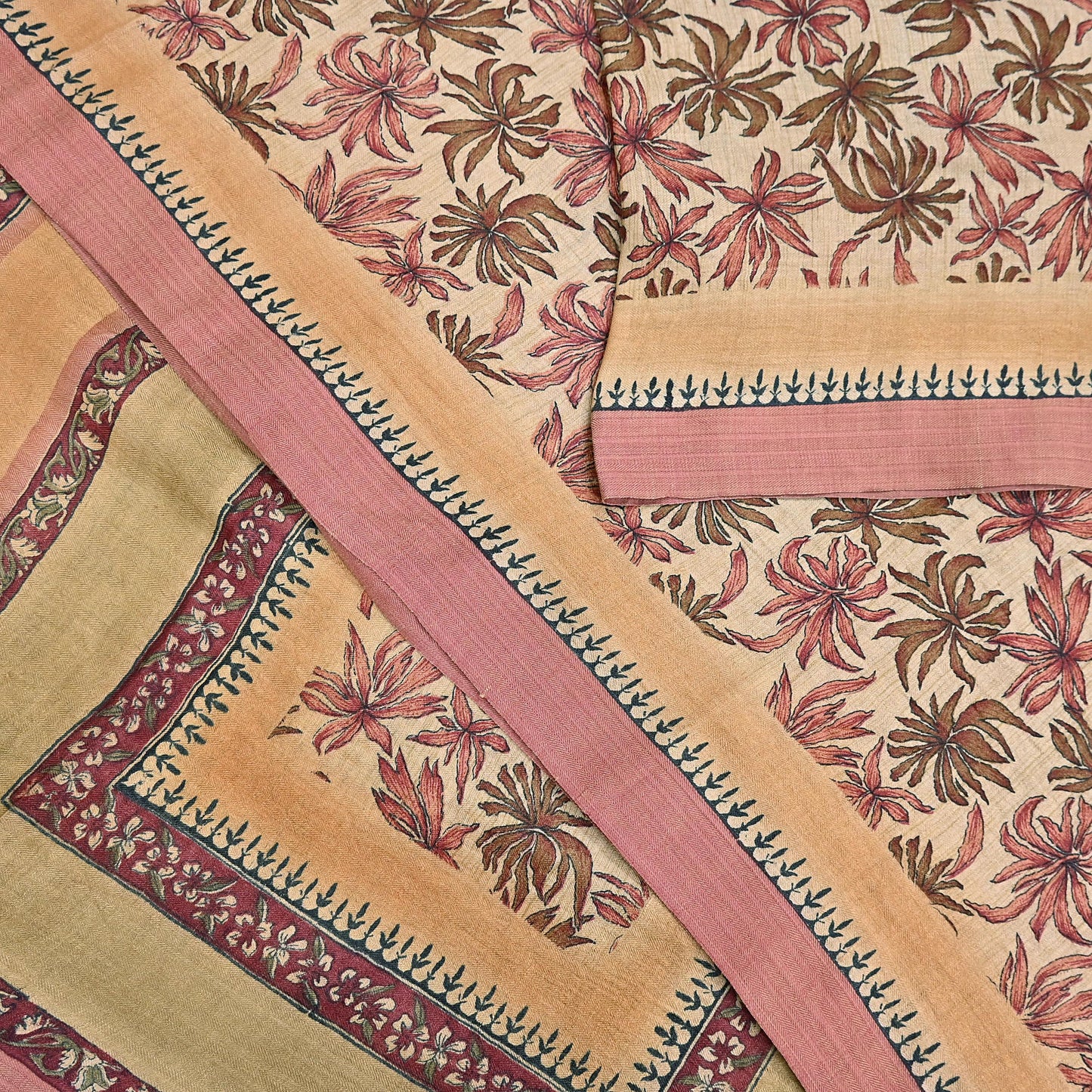 Indian Vintage Sari Beige Pure Woolen Woven Printed Sarees Soft Warm Craft Fabric 6Yd Floral Dress making Crafting Quilting