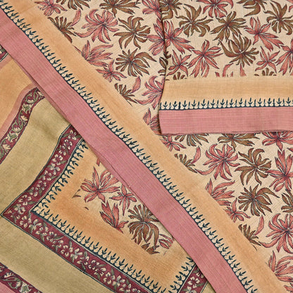 Indian Vintage Sari Beige Pure Woolen Woven Printed Sarees Soft Warm Craft Fabric 6Yd Floral Dress making Crafting Quilting