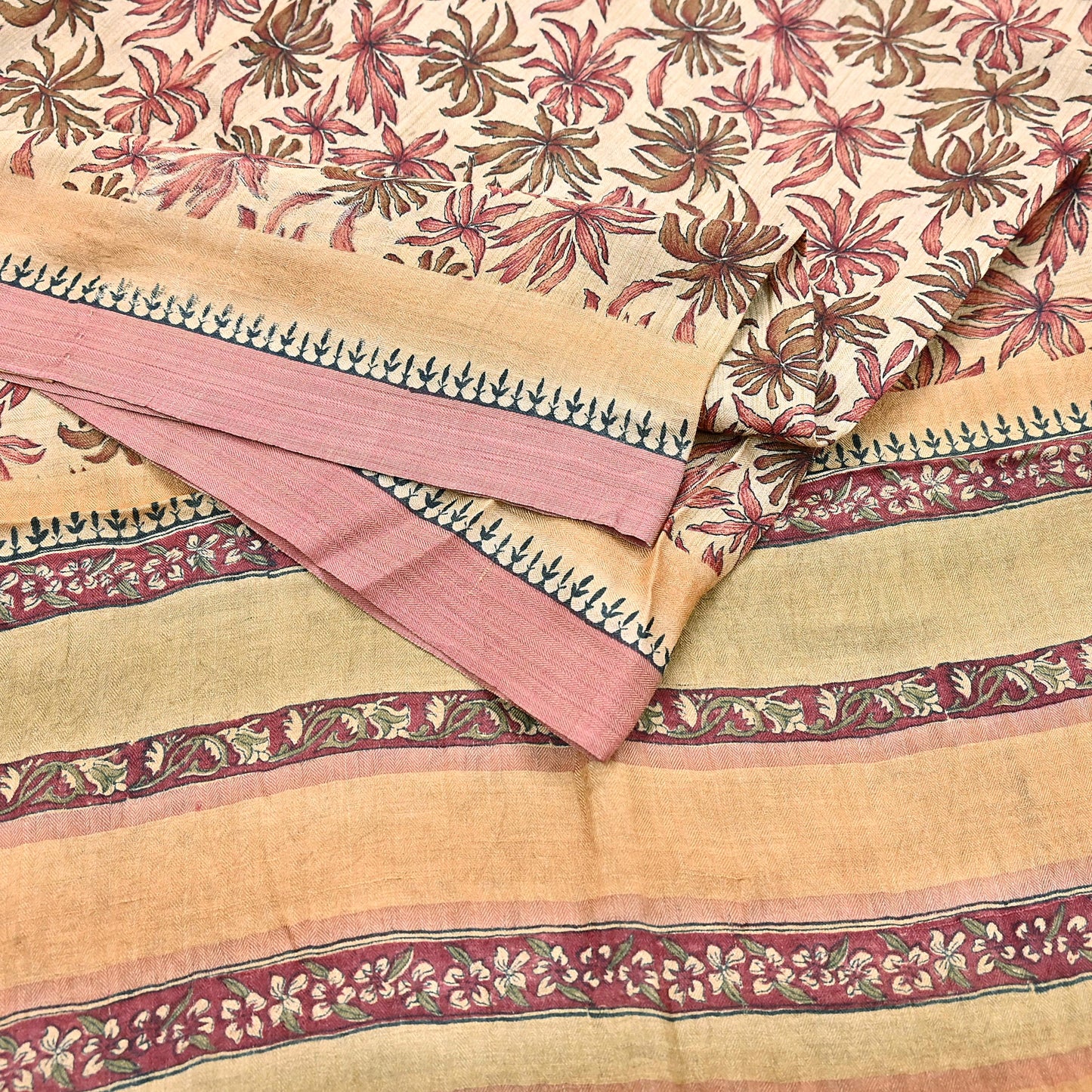 Indian Vintage Sari Beige Pure Woolen Woven Printed Sarees Soft Warm Craft Fabric 6Yd Floral Dress making Crafting Quilting