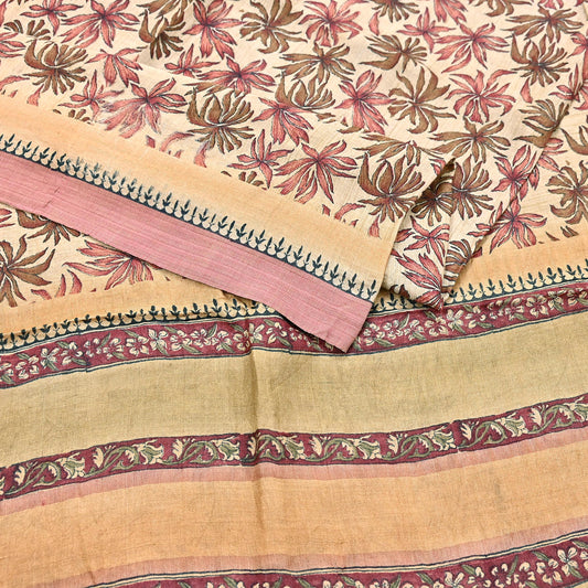 Indian Vintage Sari Beige Pure Woolen Woven Printed Sarees Soft Warm Craft Fabric 6Yd Floral Dress making Crafting Quilting