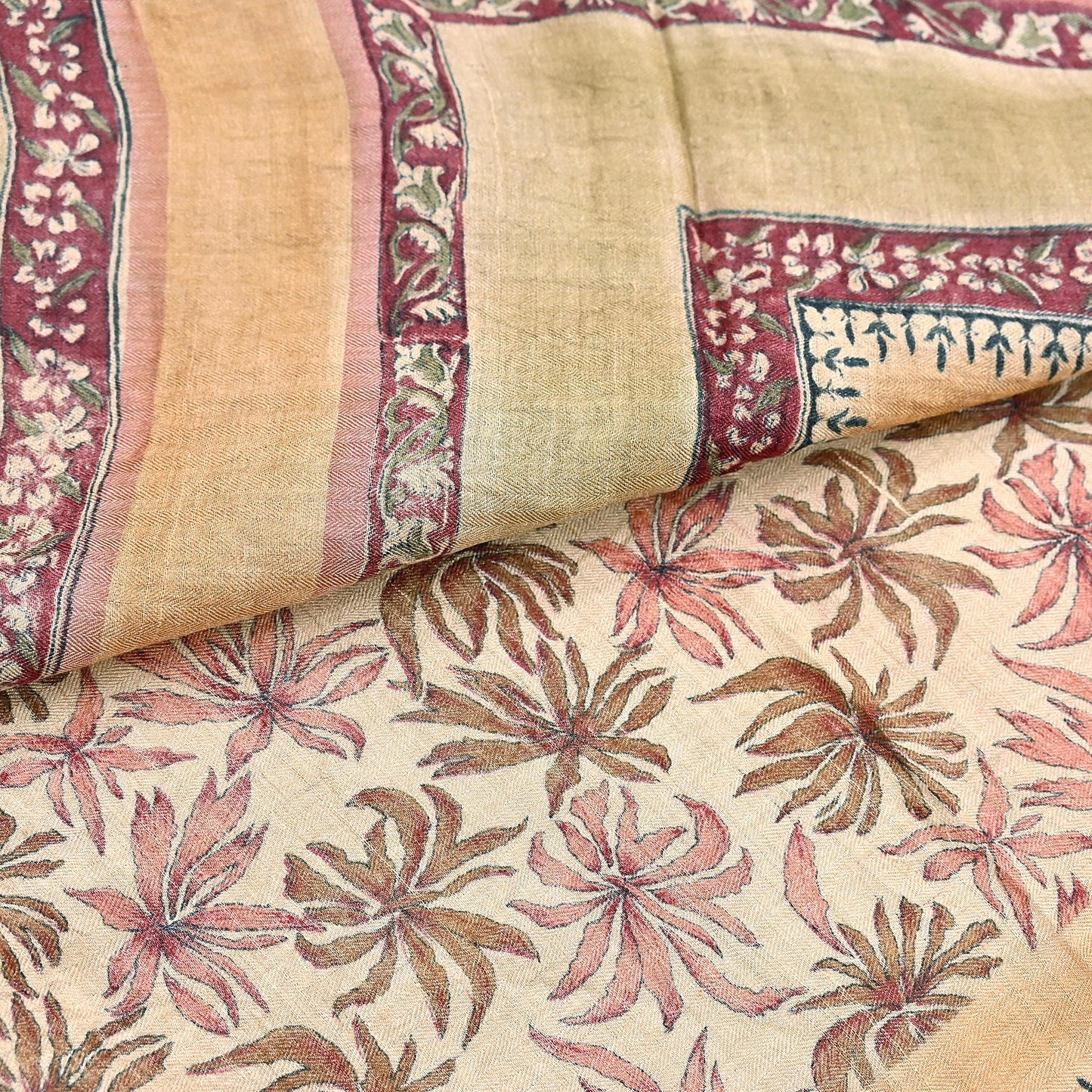 Indian Vintage Sari Beige Pure Woolen Woven Printed Sarees Soft Warm Craft Fabric 6Yd Floral Dress making Crafting Quilting