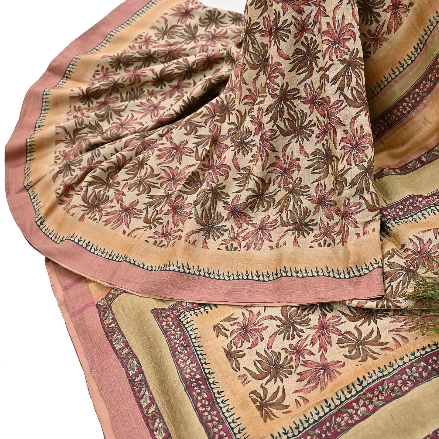 Indian Vintage Sari Beige Pure Woolen Woven Printed Sarees Soft Warm Craft Fabric 6Yd Floral Dress making Crafting Quilting