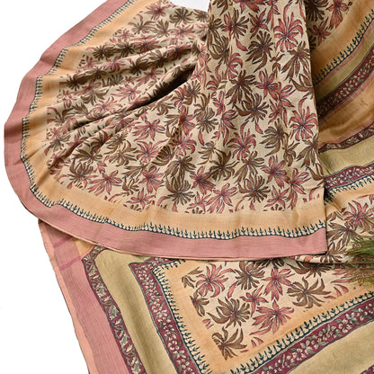 Indian Vintage Sari Beige Pure Woolen Woven Printed Sarees Soft Warm Craft Fabric 6Yd Floral Dress making Crafting Quilting