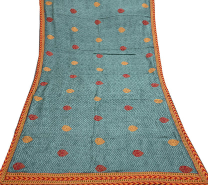 Indian Vintage Green Sarees Pure Woolen Woven Printed  Sari Soft Warm Craft Fabric 5Yd Woven Border Dress making Crafting Quilting