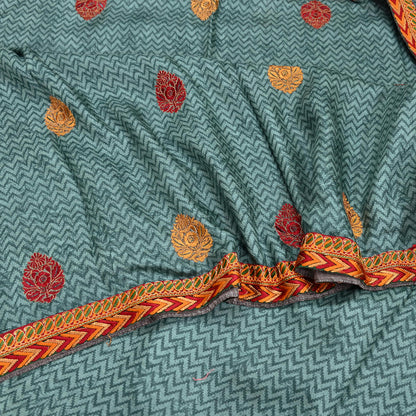 Indian Vintage Green Sarees Pure Woolen Woven Printed  Sari Soft Warm Craft Fabric 5Yd Woven Border Dress making Crafting Quilting