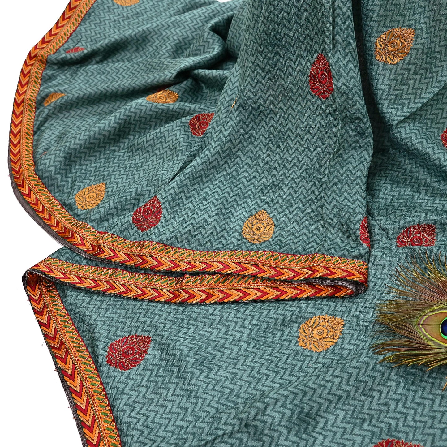 Indian Vintage Green Sarees Pure Woolen Woven Printed  Sari Soft Warm Craft Fabric 5Yd Woven Border Dress making Crafting Quilting