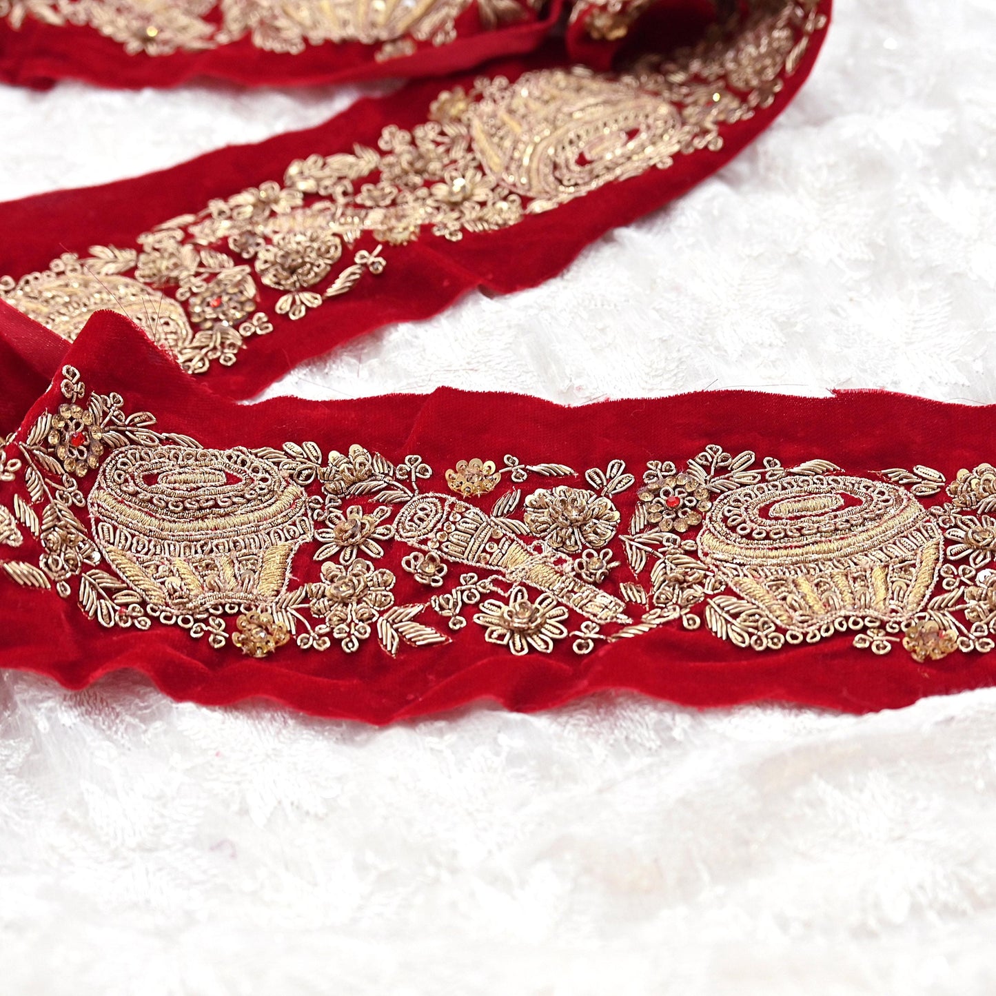 Indian Red Velvet Sari Border 1Yd Hand Embroidered Dabka Lace Trim Sewing Craft Ribbon Dress Decor