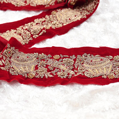 Indian Red Velvet Sari Border 1Yd Hand Embroidered Dabka Lace Trim Sewing Craft Ribbon Dress Decor