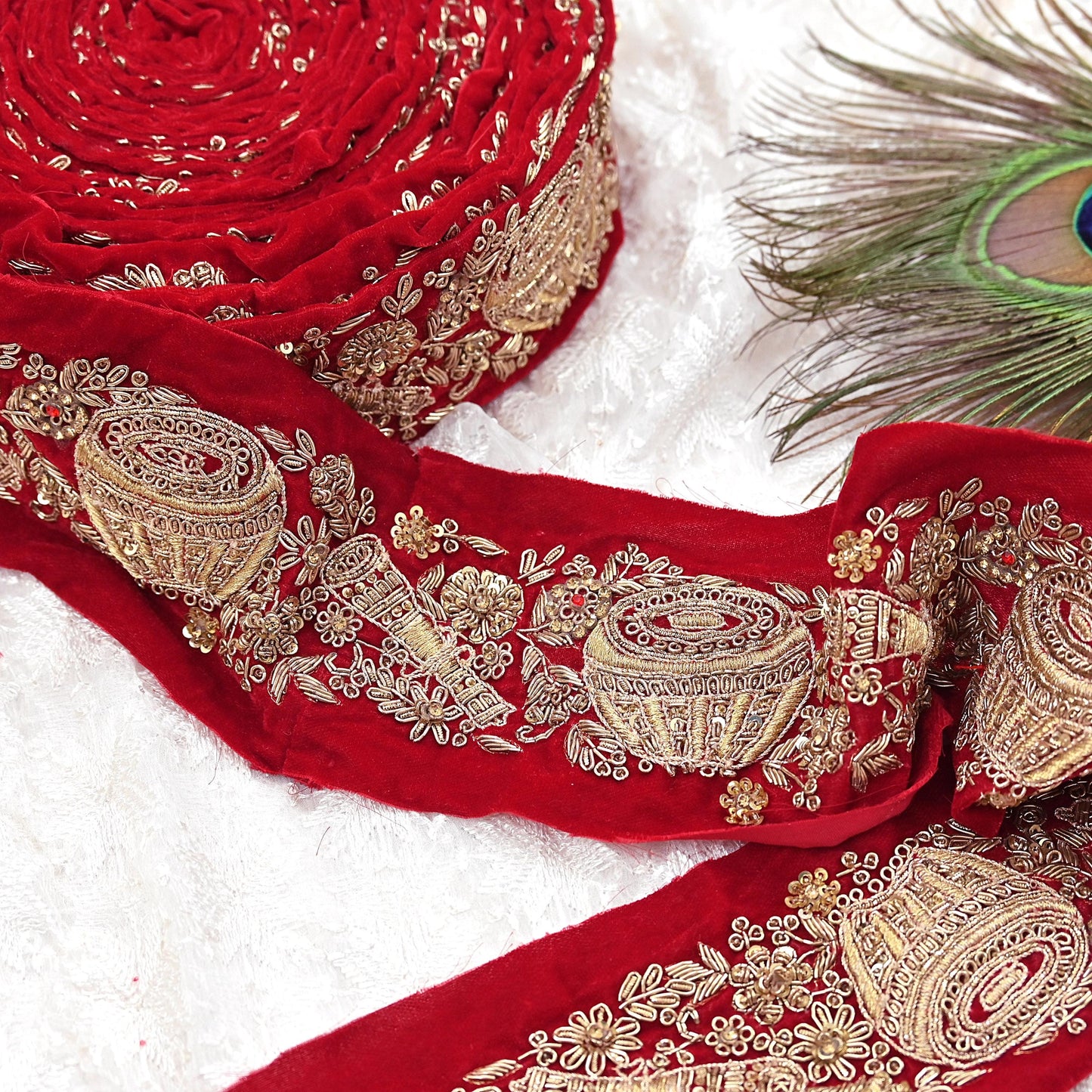 Indian Red Velvet Sari Border 1Yd Hand Embroidered Dabka Lace Trim Sewing Craft Ribbon Dress Decor