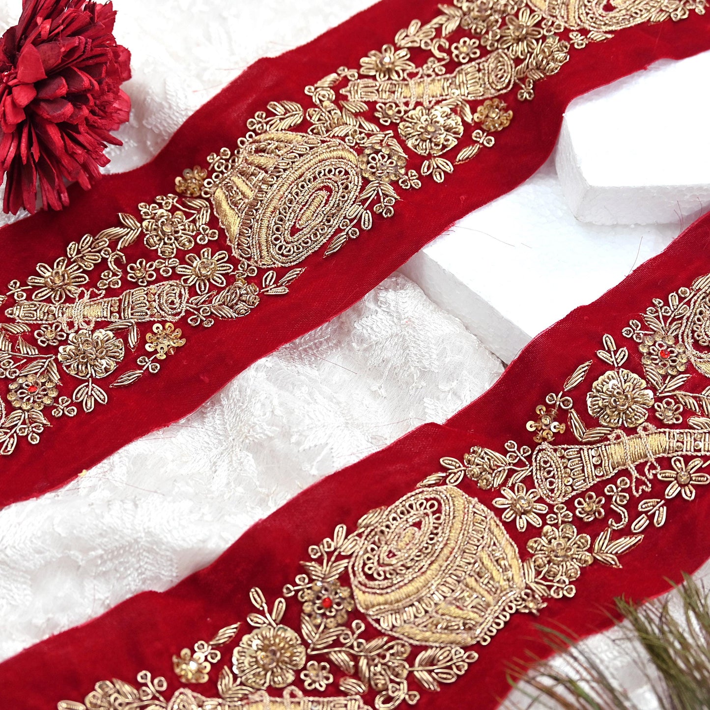 Indian Red Velvet Sari Border 1Yd Hand Embroidered Dabka Lace Trim Sewing Craft Ribbon Dress Decor