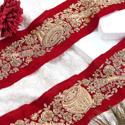 Indian Red Velvet Sari Border 1Yd Hand Embroidered Dabka Lace Trim Sewing Craft Ribbon Dress Decor