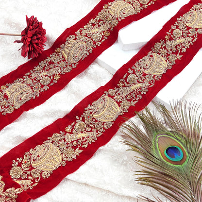 Indian Red Velvet Sari Border 1Yd Hand Embroidered Dabka Lace Trim Sewing Craft Ribbon Dress Decor