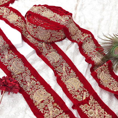 Indian Red Velvet Sari Border 1Yd Hand Embroidered Dabka Lace Trim Sewing Craft Ribbon Dress Decor