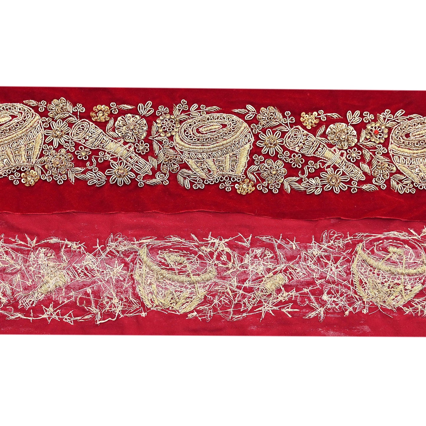Indian Red Velvet Sari Border 1Yd Hand Embroidered Dabka Lace Trim Sewing Craft Ribbon Dress Decor