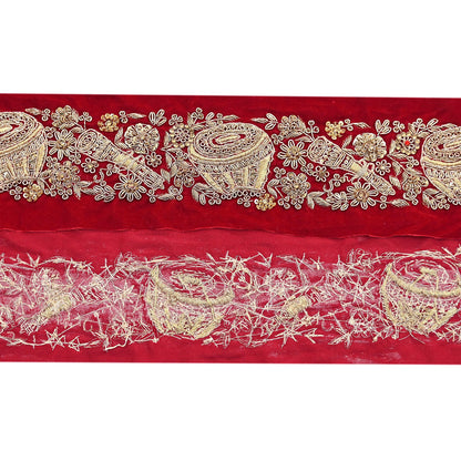 Indian Red Velvet Sari Border 1Yd Hand Embroidered Dabka Lace Trim Sewing Craft Ribbon Dress Decor