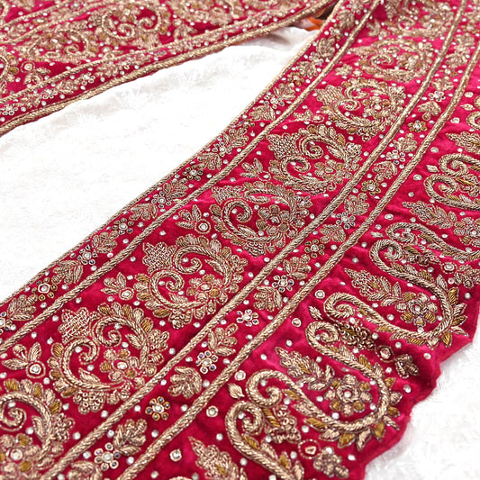Indian Vintage Pink Border Hand Embroidered Craft Trim Lace Sewing Sari Ribbon Velvet 100" Dress making Dress Designing Decor Dabka
