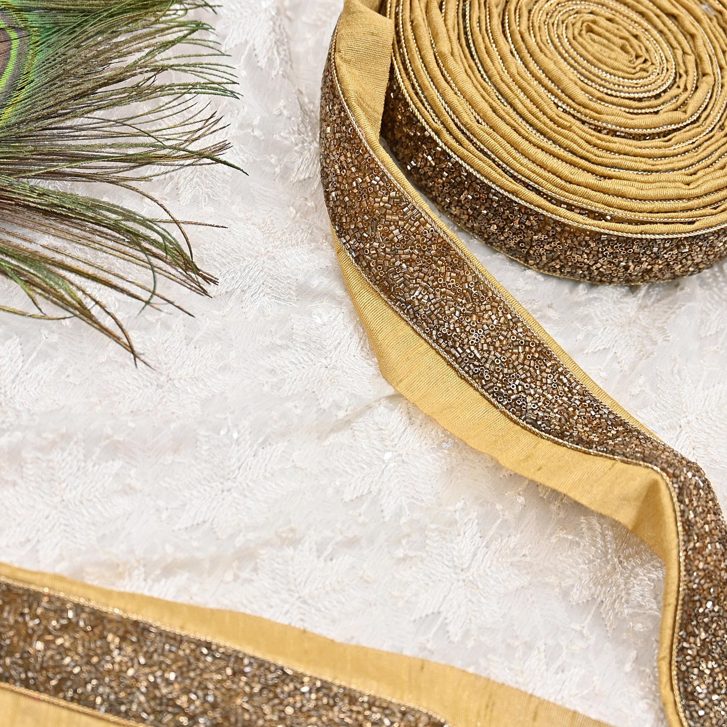 Indian New Golden Beige Border 1Yd Embroidered Lace Trim Sewing Craft Ribbon Dress Decor