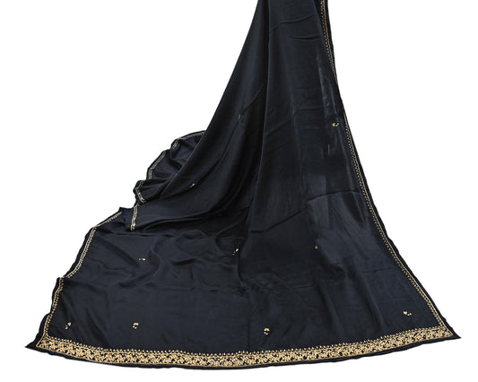 Indian Vintage Black Dupatta Pure Satin silk Long Stole Hand Embroidered Scarves Floral Veil Wrap Zari Zardozi