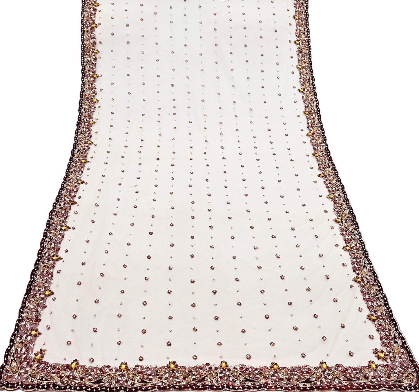 Indian Vintage Heavy Ivory Dupatta Net Mesh Long Stole Hand Embroidered Scarves Golden Zardozi Dabka Zari Stole