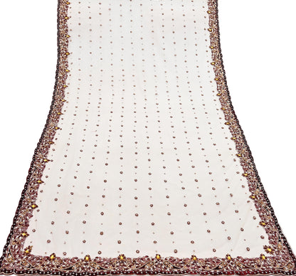 Indian Vintage Heavy Ivory Dupatta Net Mesh Long Stole Hand Embroidered Scarves Golden Zardozi Dabka Zari Stole