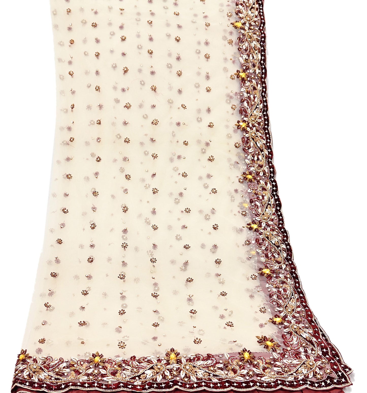 Indian Vintage Heavy Ivory Dupatta Net Mesh Long Stole Hand Embroidered Scarves Golden Zardozi Dabka Zari Stole
