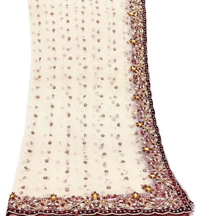 Indian Vintage Heavy Ivory Dupatta Net Mesh Long Stole Hand Embroidered Scarves Golden Zardozi Dabka Zari Stole