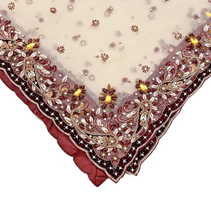 Indian Vintage Heavy Ivory Dupatta Net Mesh Long Stole Hand Embroidered Scarves Golden Zardozi Dabka Zari Stole