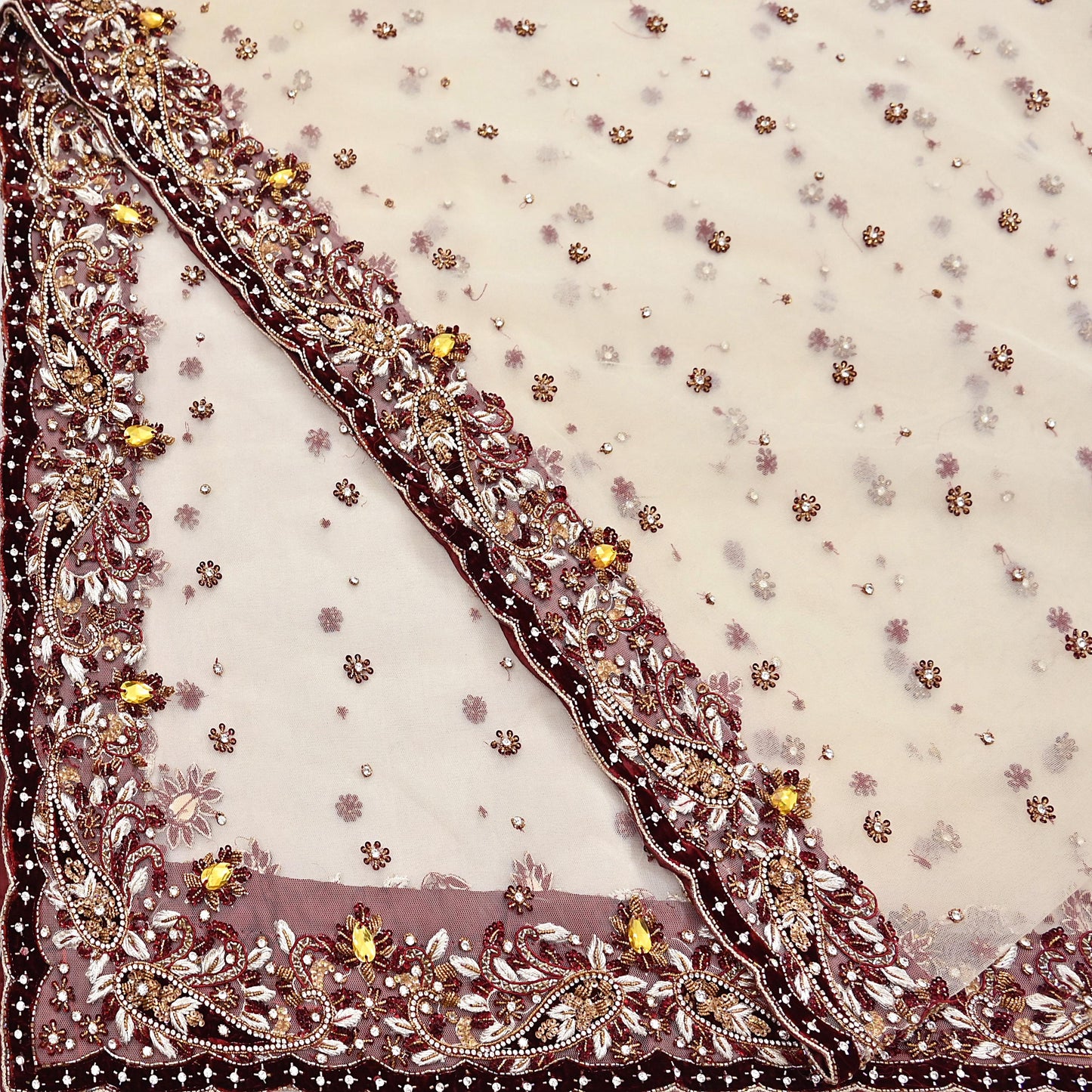 Indian Vintage Heavy Ivory Dupatta Net Mesh Long Stole Hand Embroidered Scarves Golden Zardozi Dabka Zari Stole
