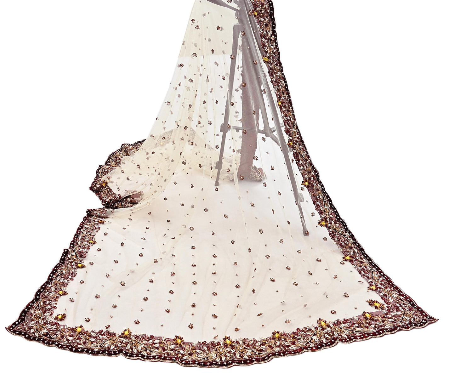 Indian Vintage Heavy Ivory Dupatta Net Mesh Long Stole Hand Embroidered Scarves Golden Zardozi Dabka Zari Stole
