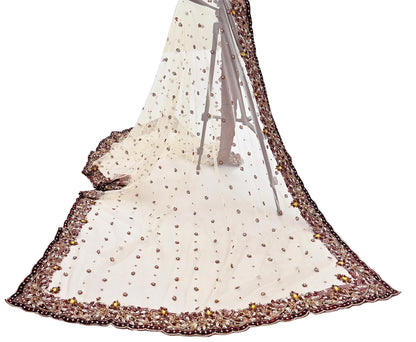 Indian Vintage Heavy Ivory Dupatta Net Mesh Long Stole Hand Embroidered Scarves Golden Zardozi Dabka Zari Stole