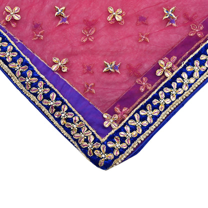 Indian Vintage Heavy Pink Dupatta Net Mesh Long Stole Hand Embroidered Scarf Golden Zardozi Zari Glass Beaded Stole