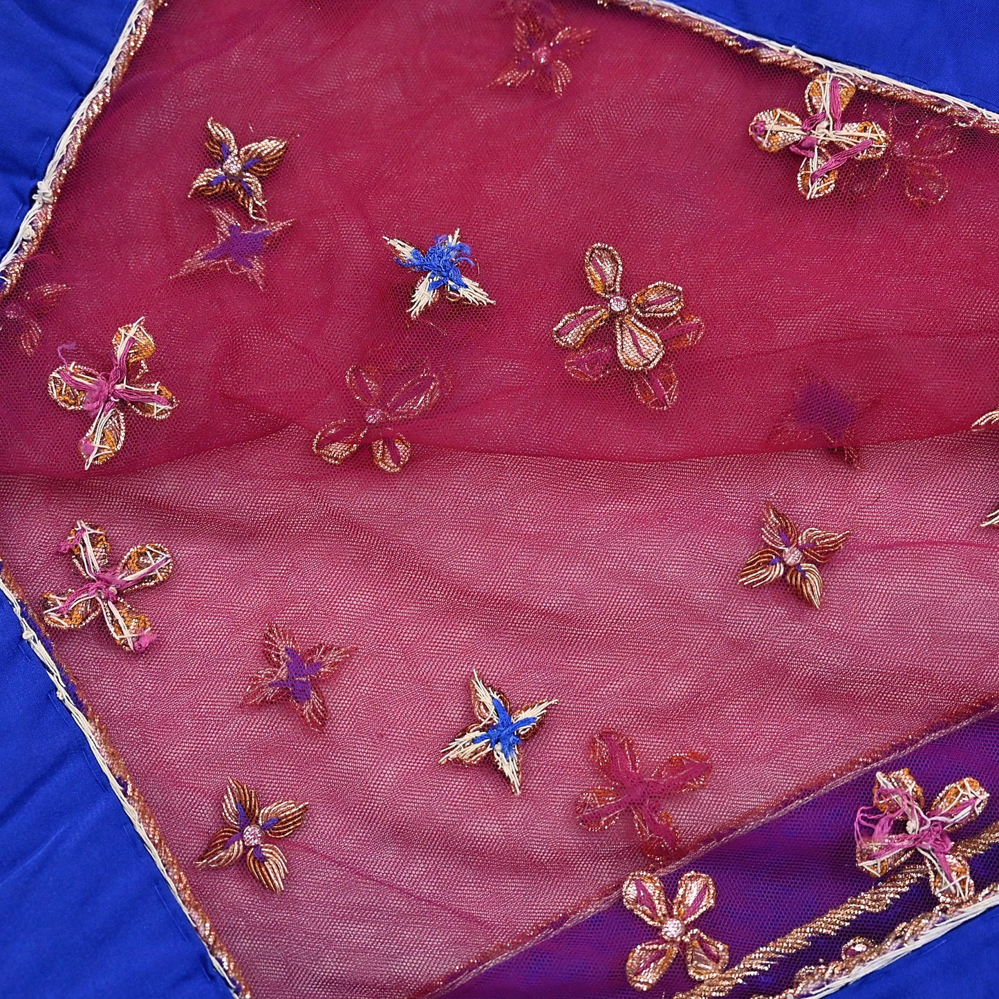 Indian Vintage Heavy Pink Dupatta Net Mesh Long Stole Hand Embroidered Scarf Golden Zardozi Zari Glass Beaded Stole
