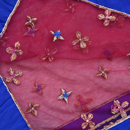Indian Vintage Heavy Pink Dupatta Net Mesh Long Stole Hand Embroidered Scarf Golden Zardozi Zari Glass Beaded Stole