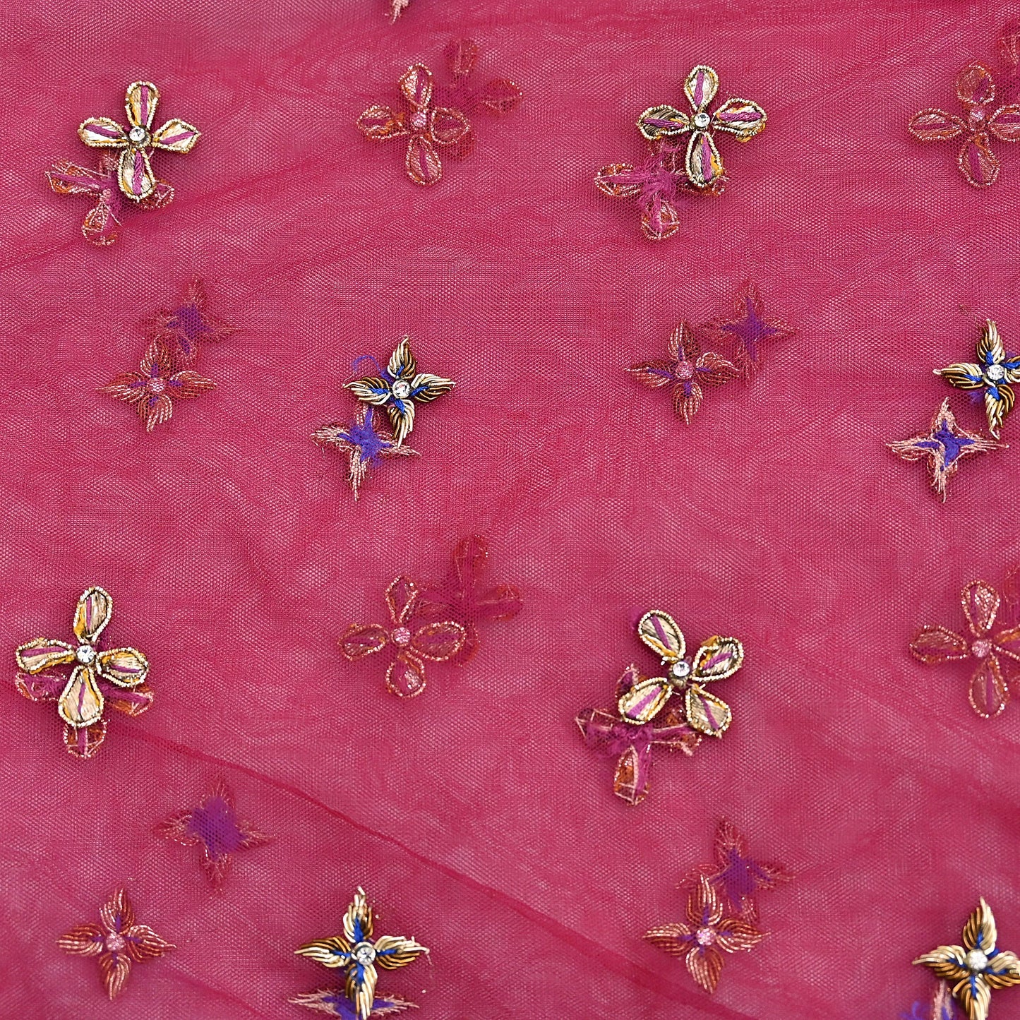 Indian Vintage Heavy Pink Dupatta Net Mesh Long Stole Hand Embroidered Scarf Golden Zardozi Zari Glass Beaded Stole