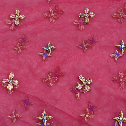 Indian Vintage Heavy Pink Dupatta Net Mesh Long Stole Hand Embroidered Scarf Golden Zardozi Zari Glass Beaded Stole