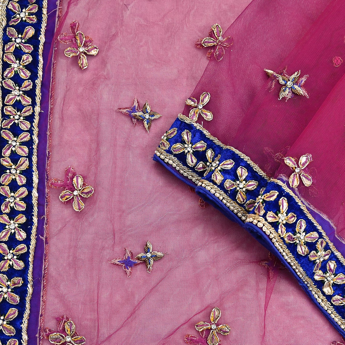Indian Vintage Heavy Pink Dupatta Net Mesh Long Stole Hand Embroidered Scarf Golden Zardozi Zari Glass Beaded Stole