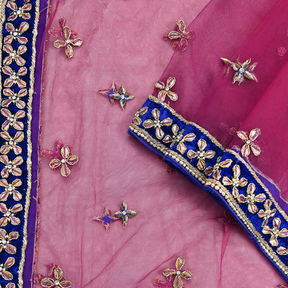 Indian Vintage Heavy Pink Dupatta Net Mesh Long Stole Hand Embroidered Scarf Golden Zardozi Zari Glass Beaded Stole