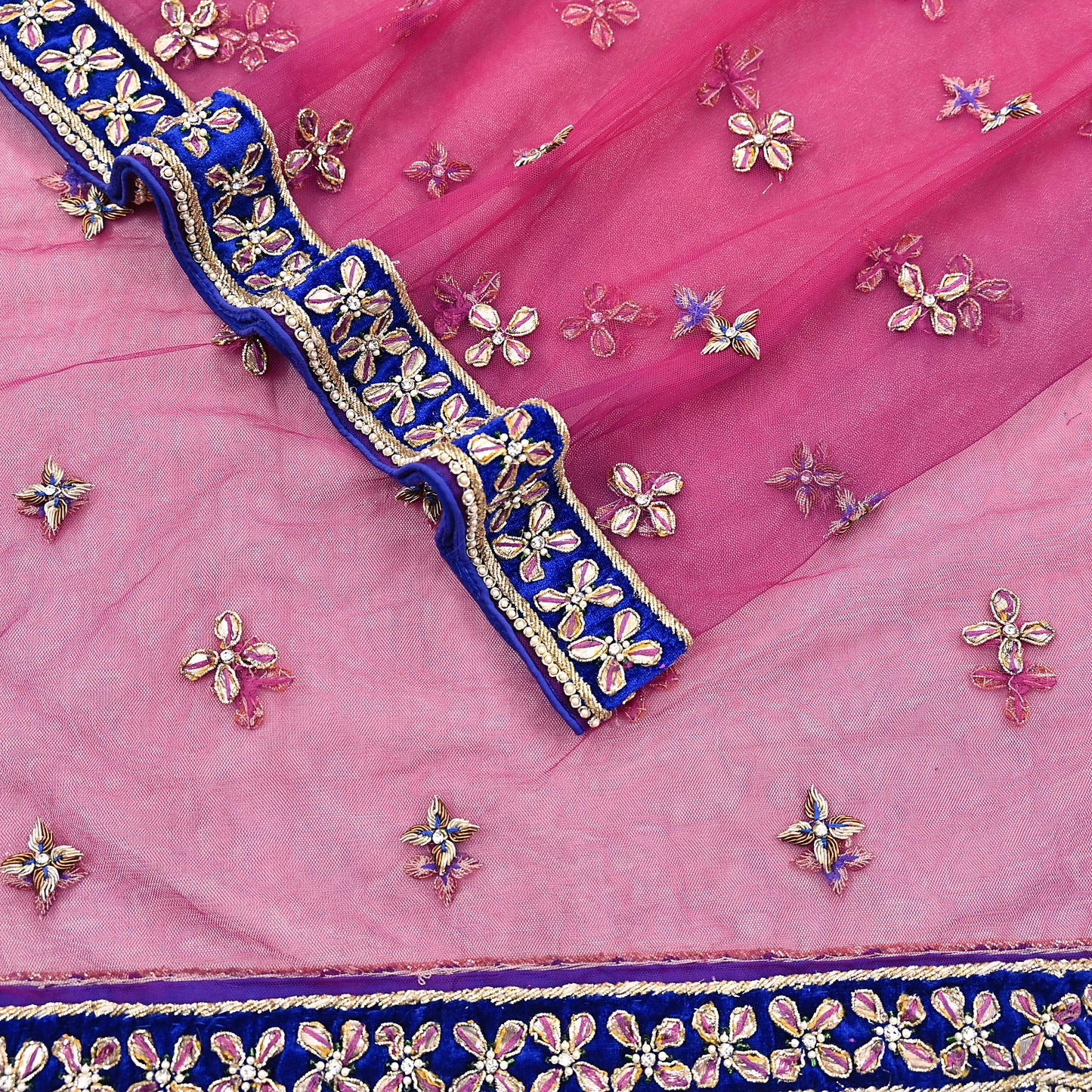 Indian Vintage Heavy Pink Dupatta Net Mesh Long Stole Hand Embroidered Scarf Golden Zardozi Zari Glass Beaded Stole