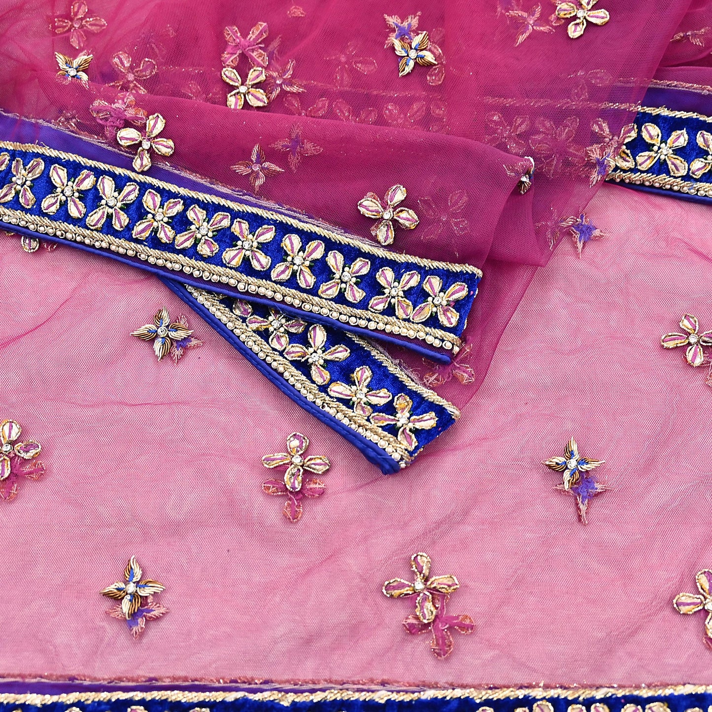 Indian Vintage Heavy Pink Dupatta Net Mesh Long Stole Hand Embroidered Scarf Golden Zardozi Zari Glass Beaded Stole